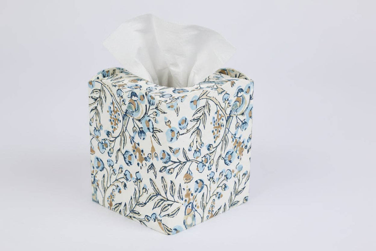 Block Printed Tissue Box - Songbird Blue Stone