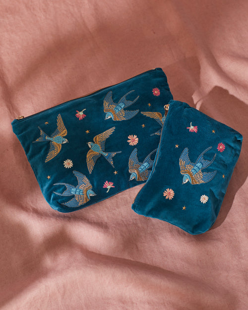 Swallows Everyday Pouch in Rich Blue Velvet