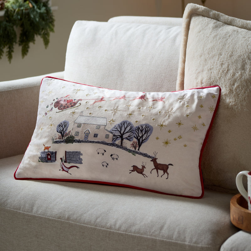Cotswold Christmas Embroidered Velvet Cushion