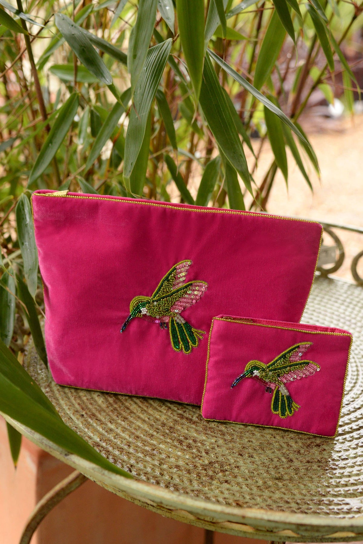 Pink Hummingbird Velvet Pouch