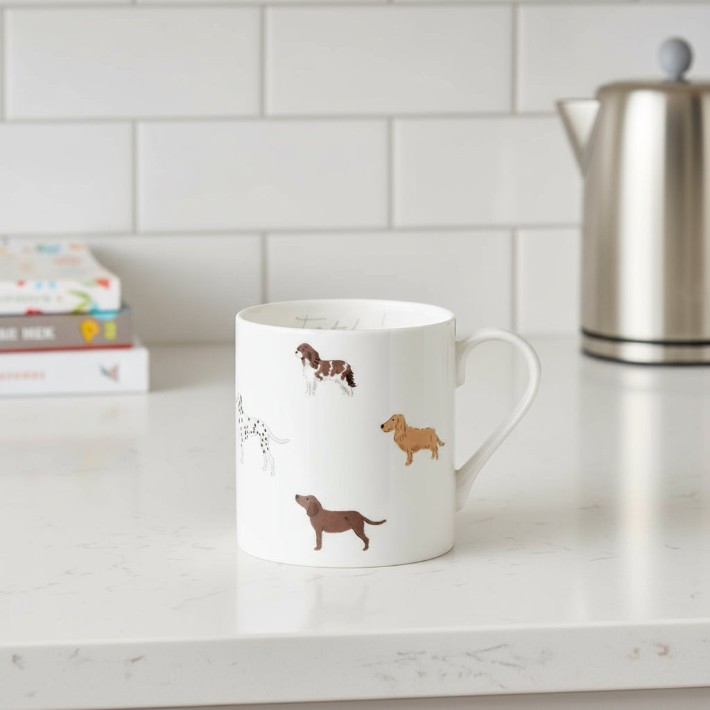 White mug with dog illustrations and the word 'Fetch' on a white background