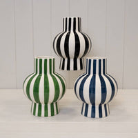 Painted Striped Ceramic Round Vase - Blue