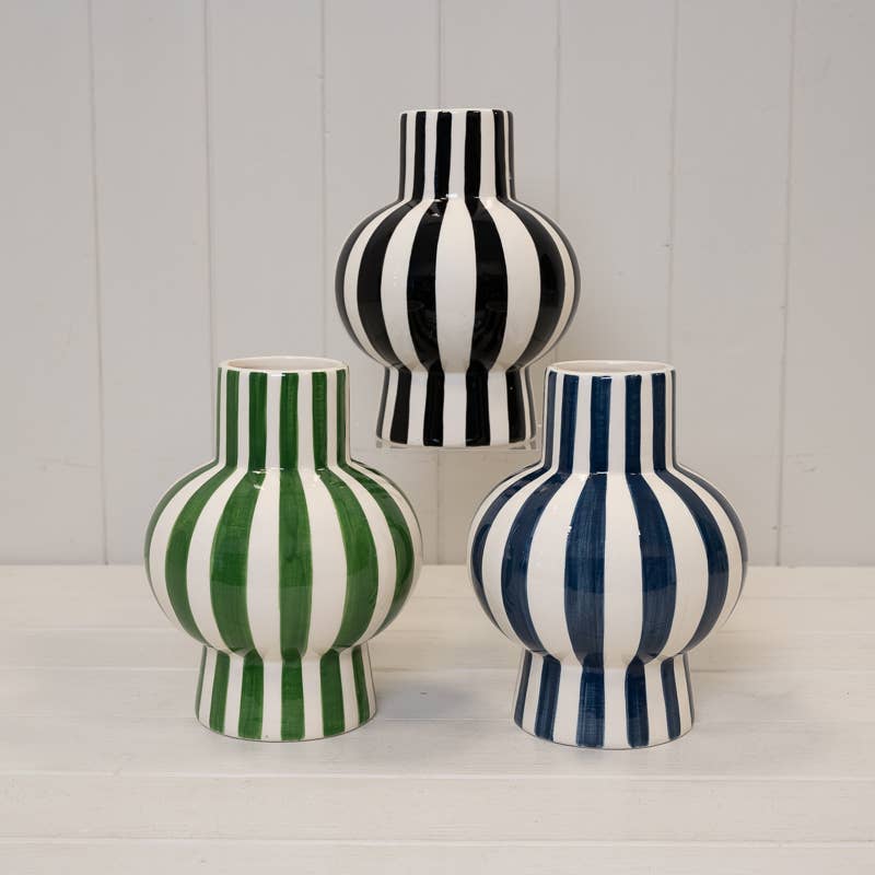 Painted Striped Ceramic Round Vase - Blue