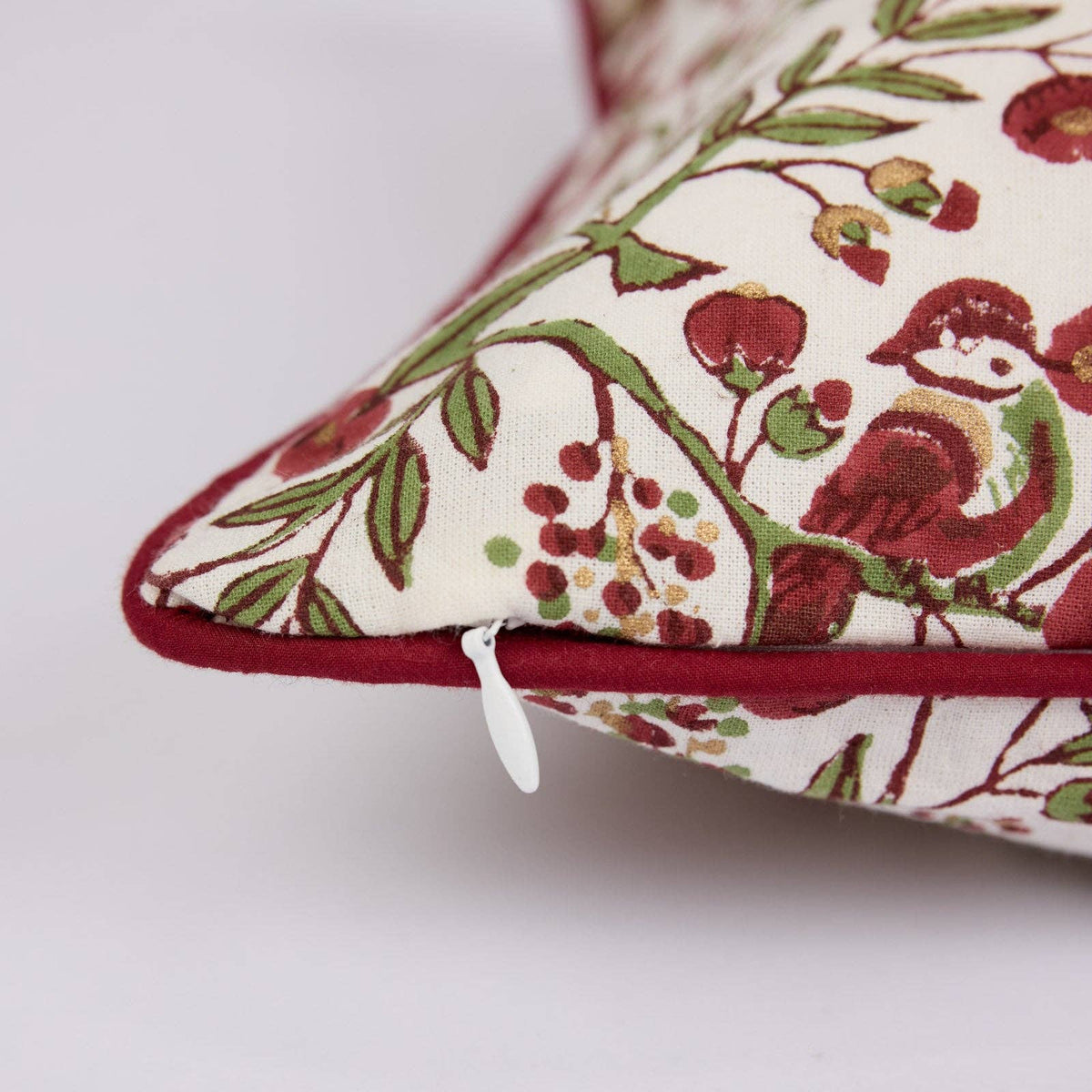 Block Printed Cushion Cover - Songbird Scarlet