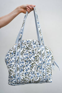 Block Printed Quilted Shopping Tote Bag - Songbird Blue Stone