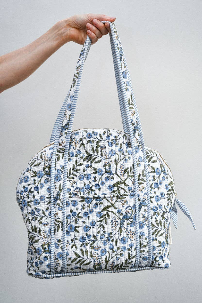 Block Printed Quilted Shopping Tote Bag - Songbird Blue Stone