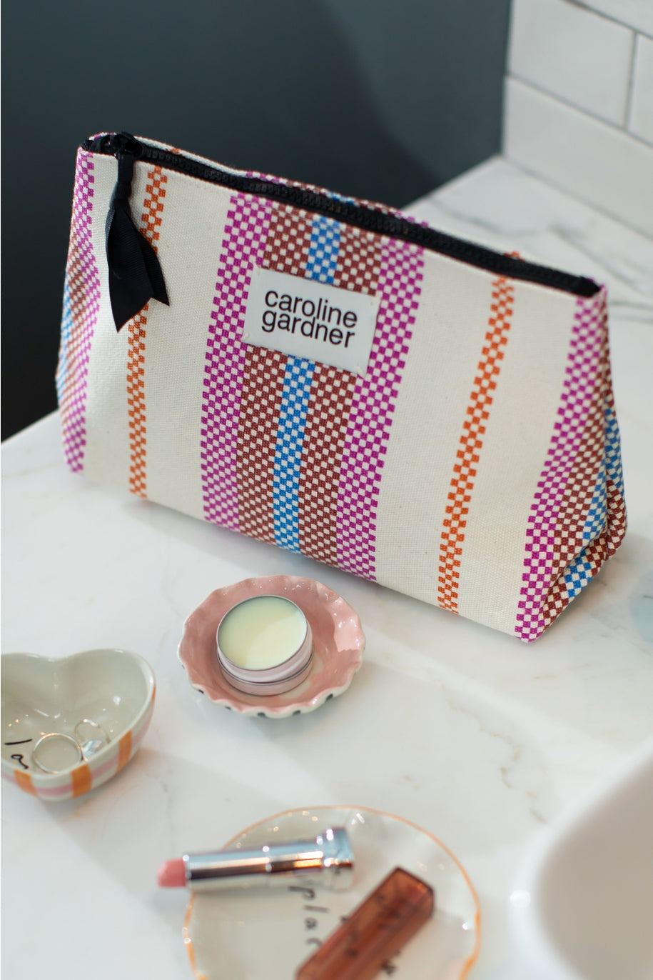 Check Stripe Printed Canvas Beauty Bag