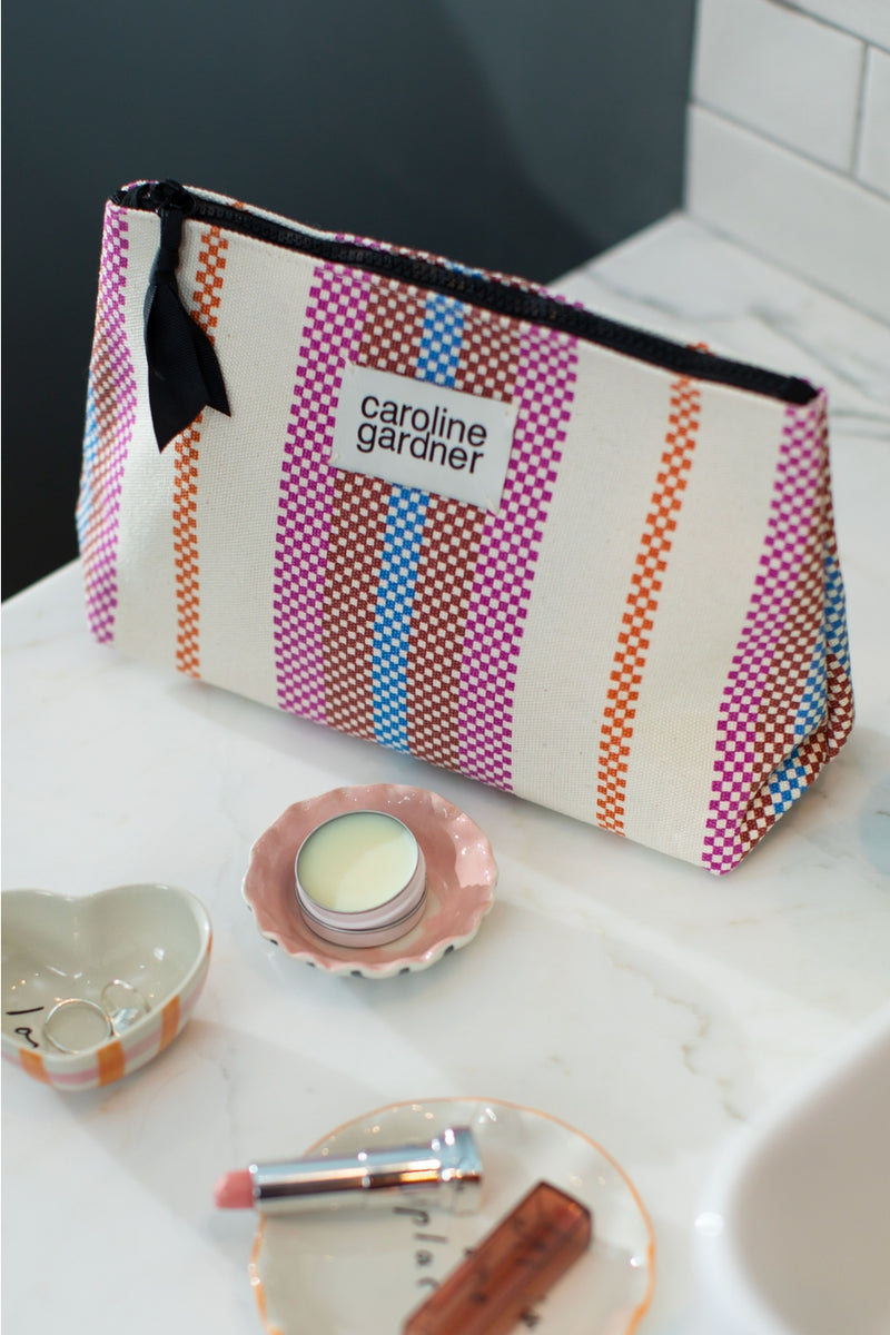 Check Stripe Printed Canvas Beauty Bag