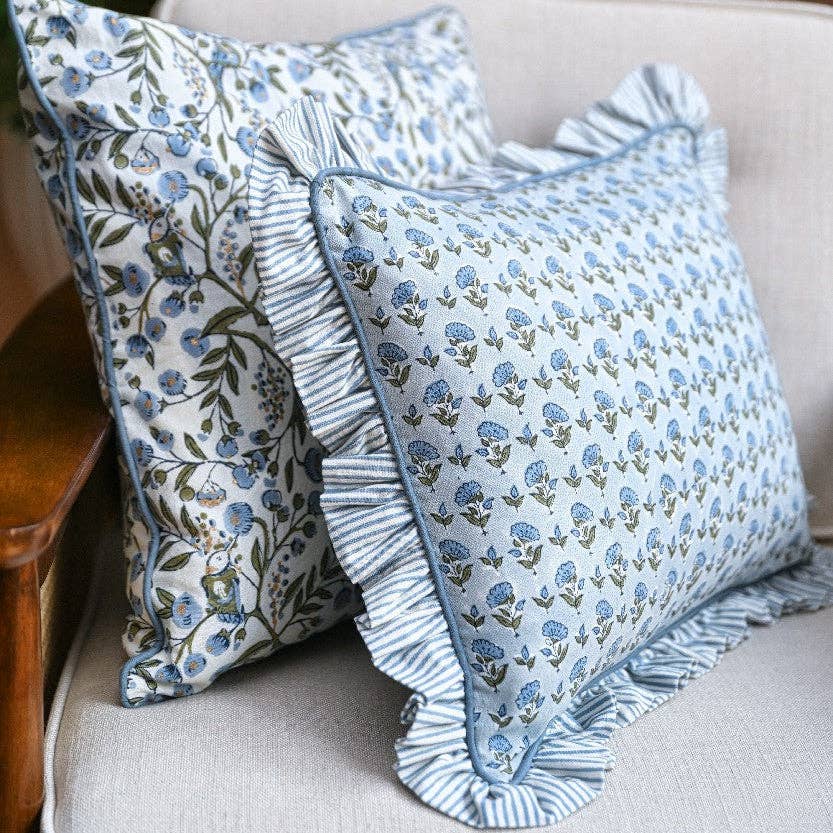 Block Printed Cushion Cover - Songbird Blue Stone