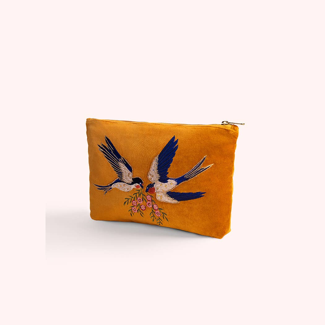 Velvet Embroidered Zip Pouch - Swallow