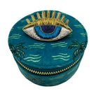 Jewellery Travel Pot in Teal Palm Print with Gold Lashes Pin