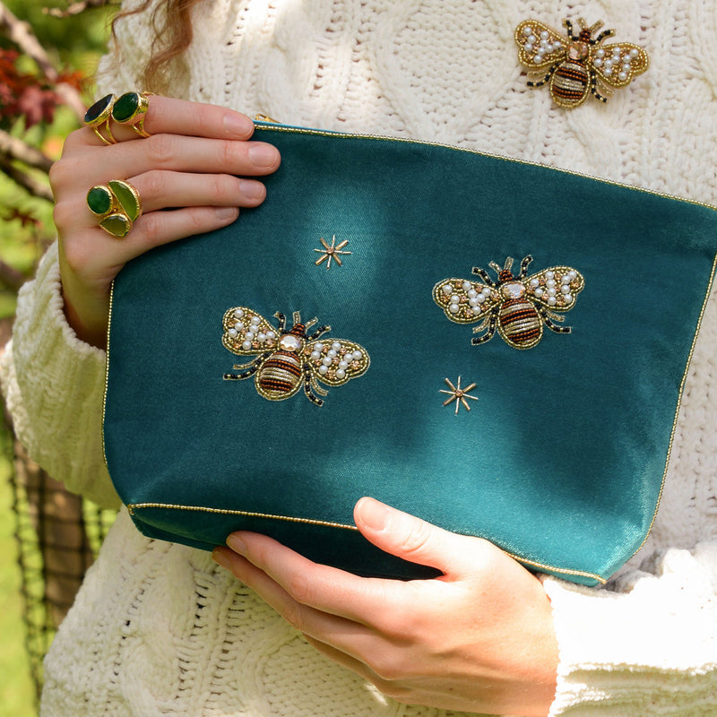 Teal Golden Bee Large Velvet Pouch