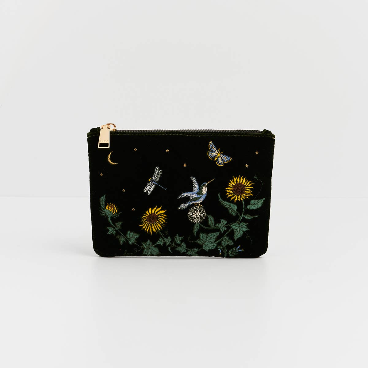 Fable England - Sunflower Green Velvet Embroidered Pouch
