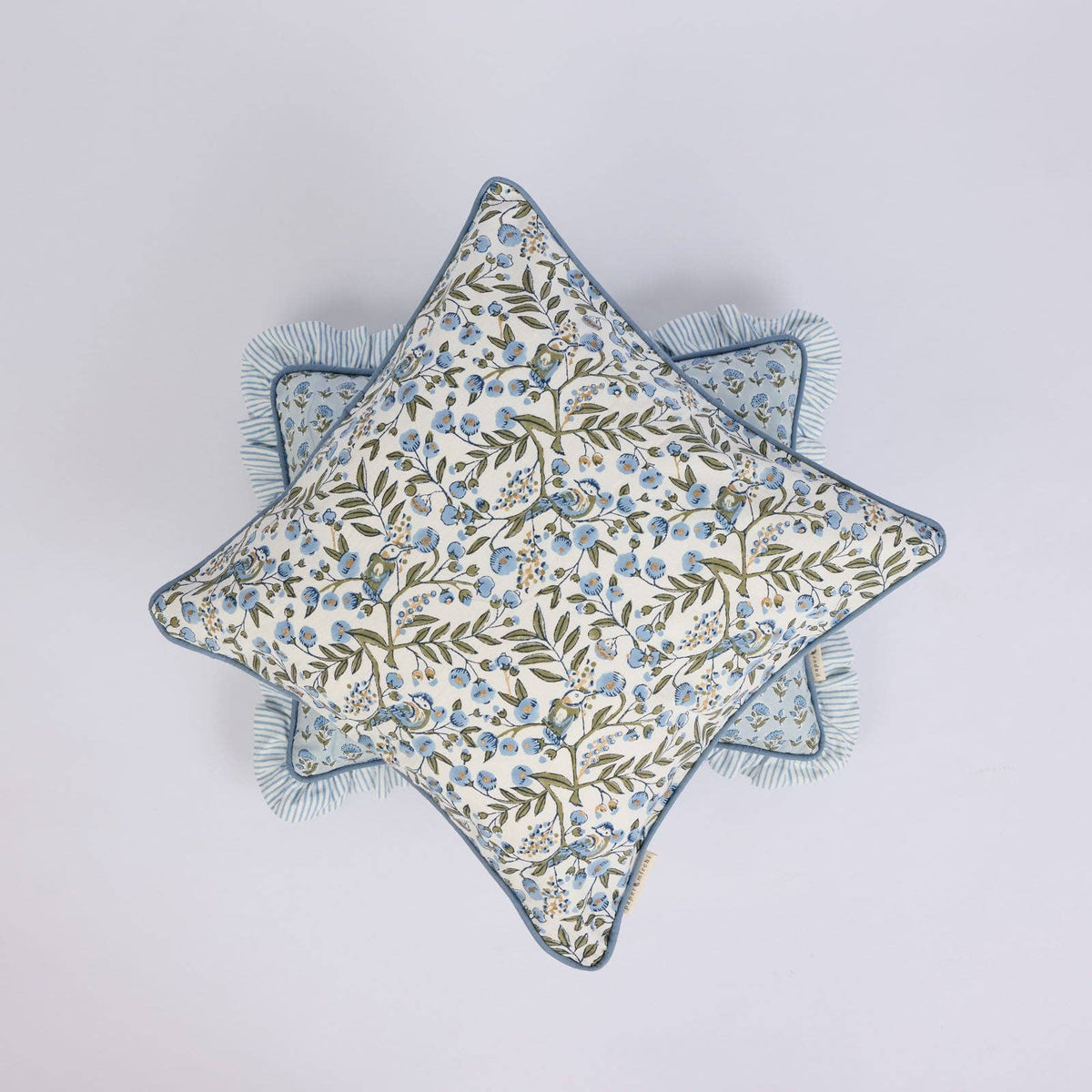 Block Printed Cushion Cover - Songbird Blue Stone