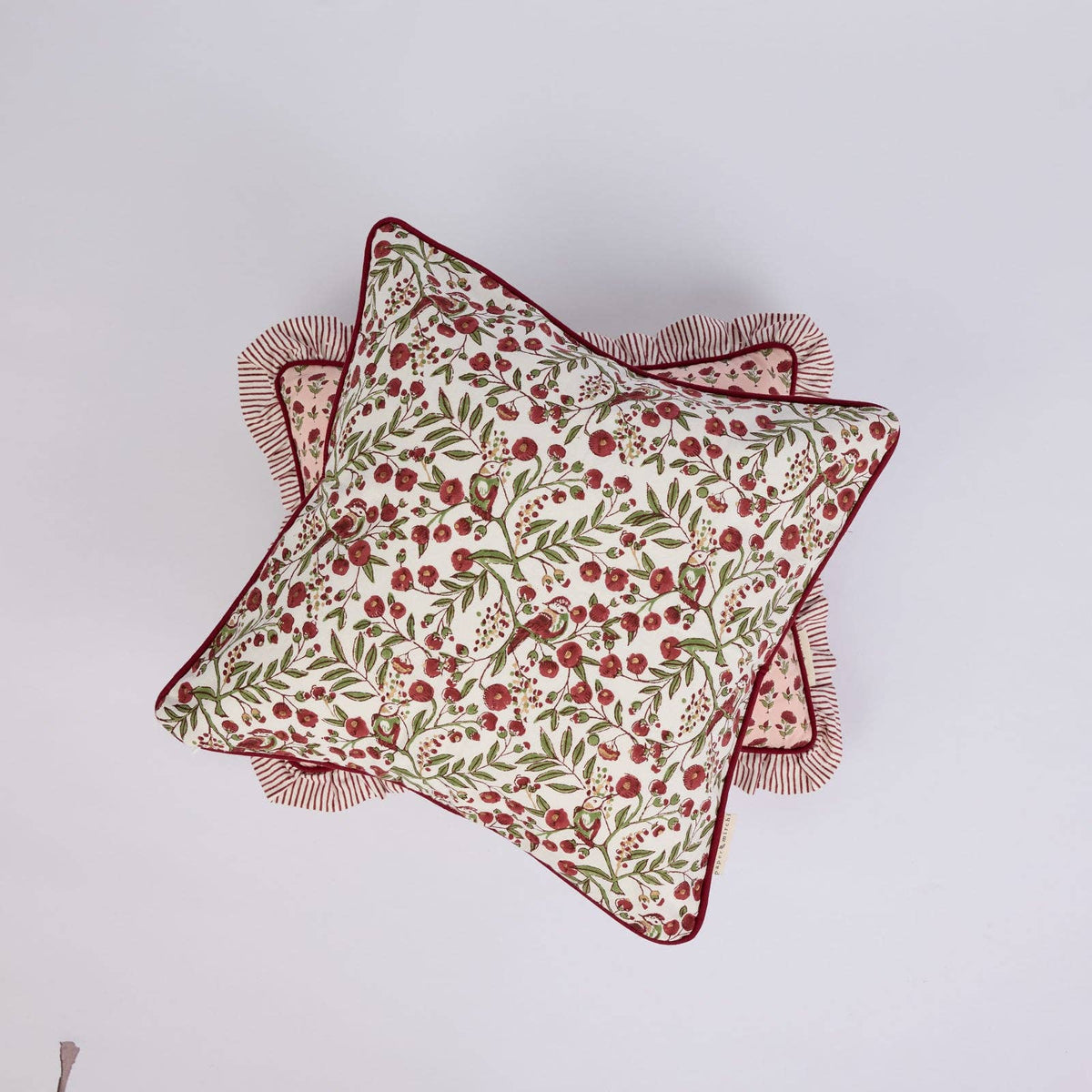 Block Printed Cushion Cover - Songbird Scarlet