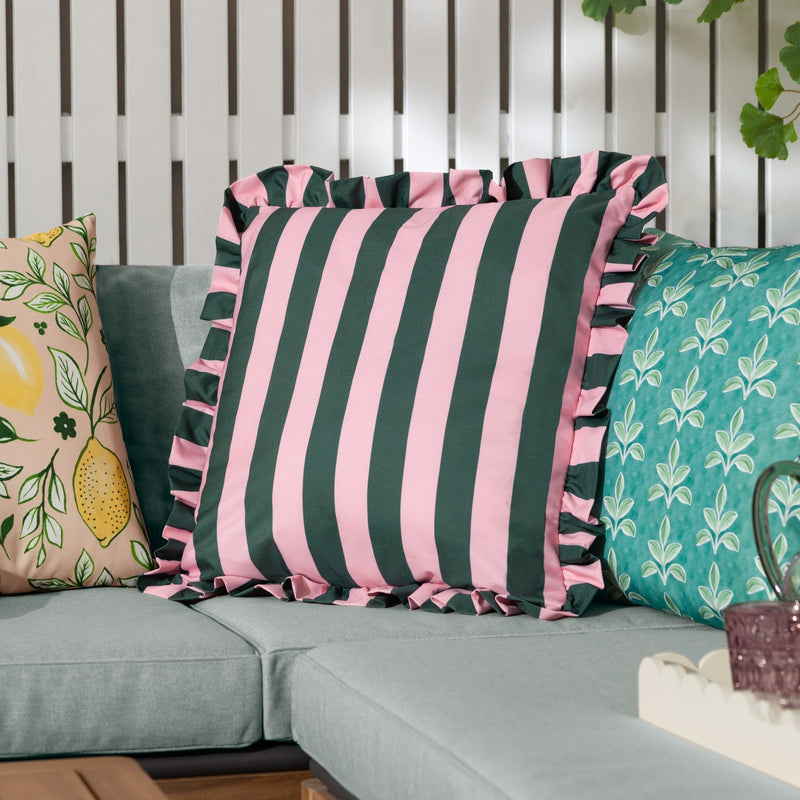 Palm Royale Stripe Ruffle Printed Outdoor Cushion Cover in Pink & Green