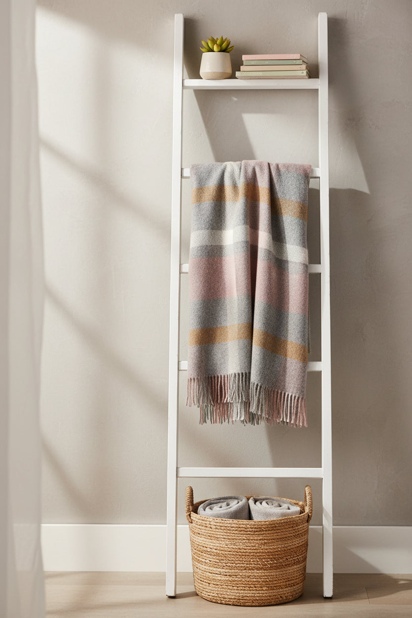 Lambswool Block Check Silver & Pink Throw Blanket