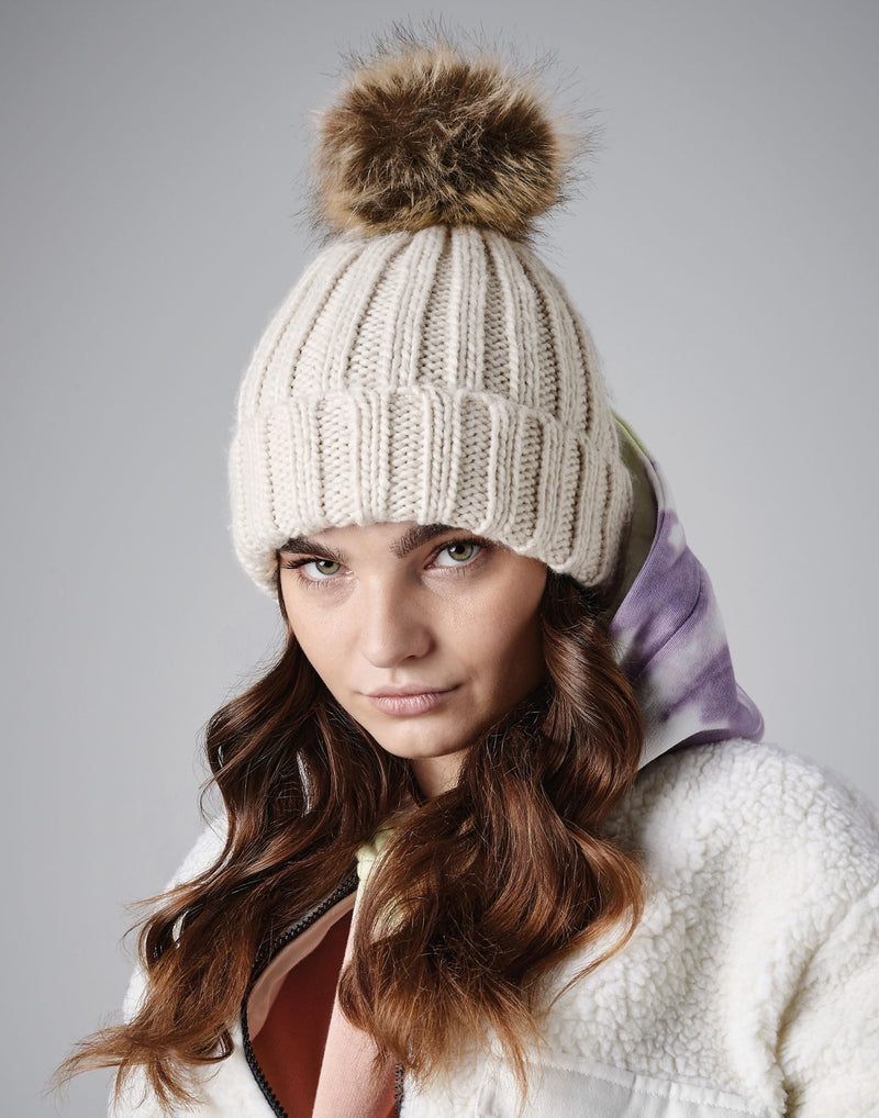 Faux Fur Pop Pom Chunky Beanie Unisex Hat