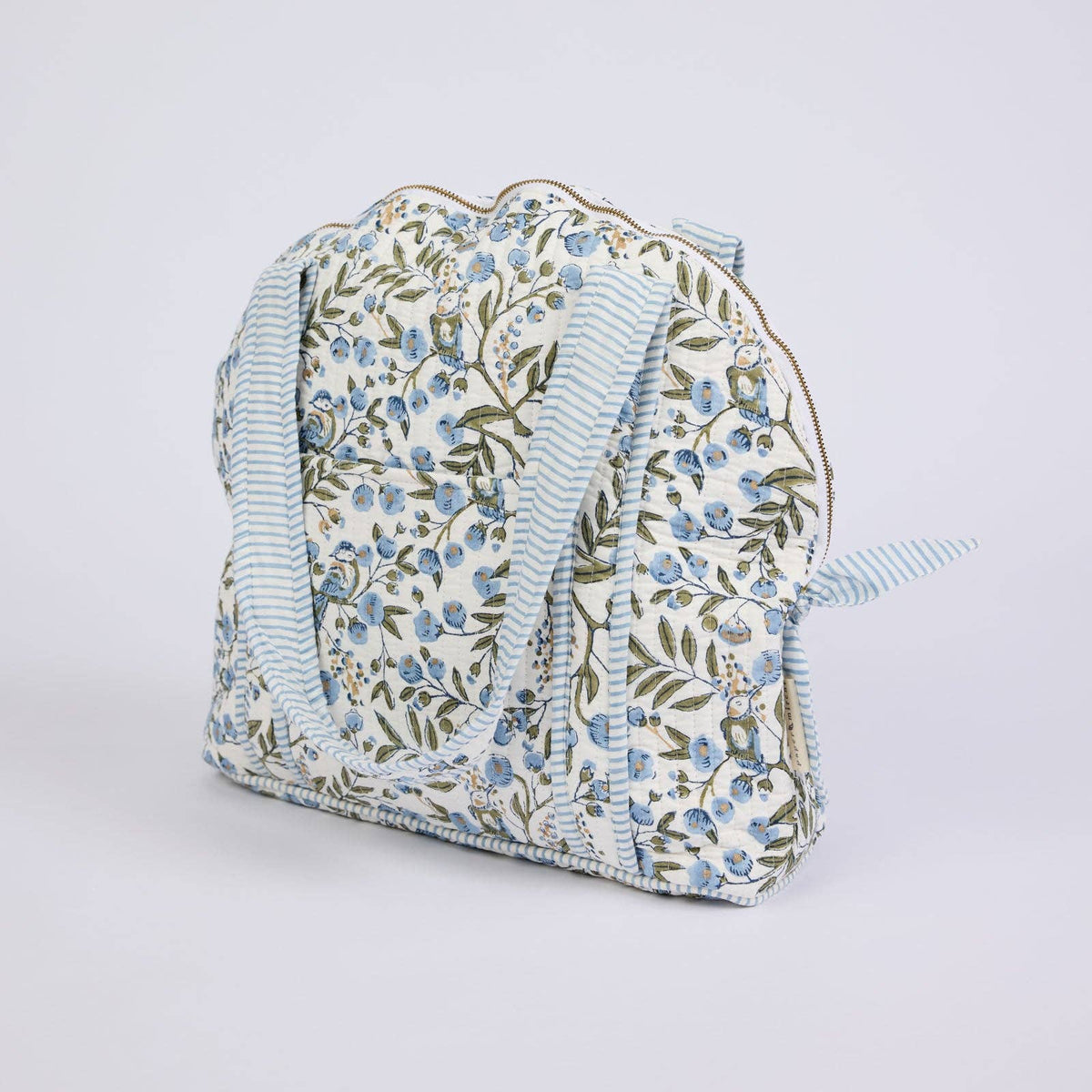 Block Printed Quilted Shopping Tote Bag - Songbird Blue Stone