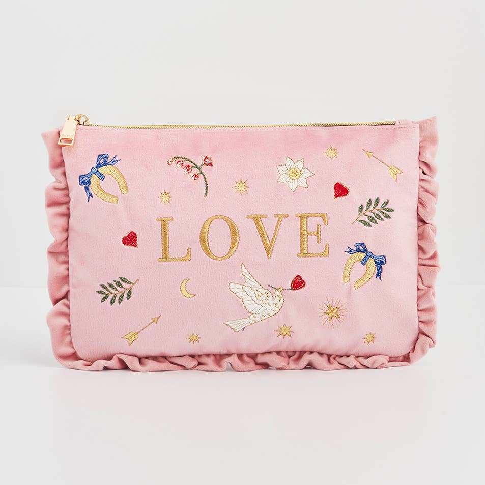 Fable England - Love Scatter Pink Velvet Embroidered Pouch