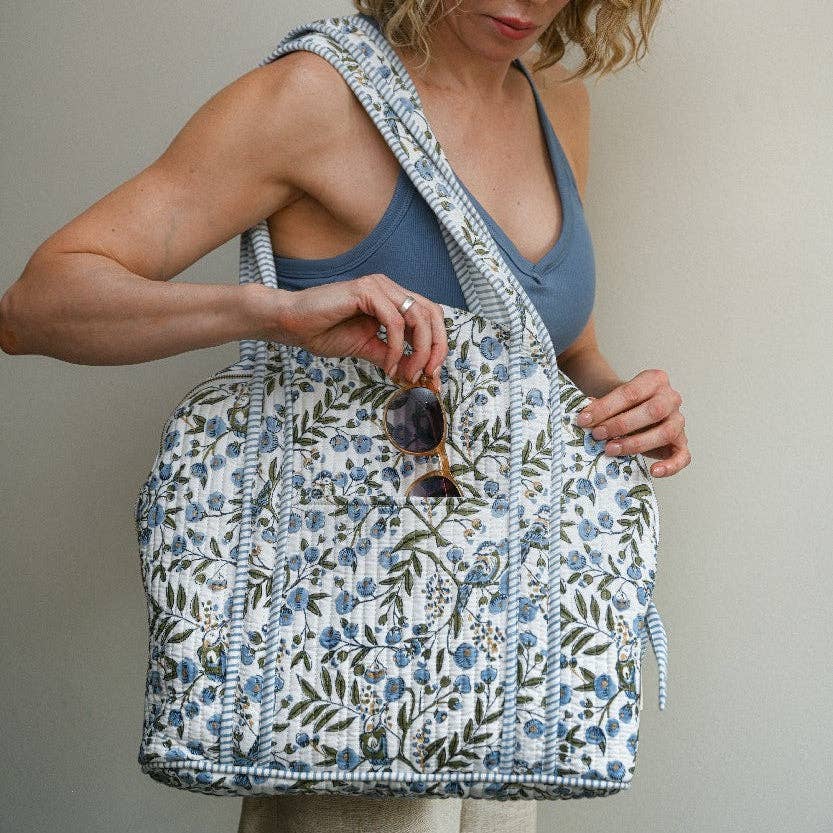 Block Printed Quilted Shopping Tote Bag - Songbird Blue Stone