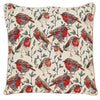 Decorative pillow with red robin bird pattern on a beige background