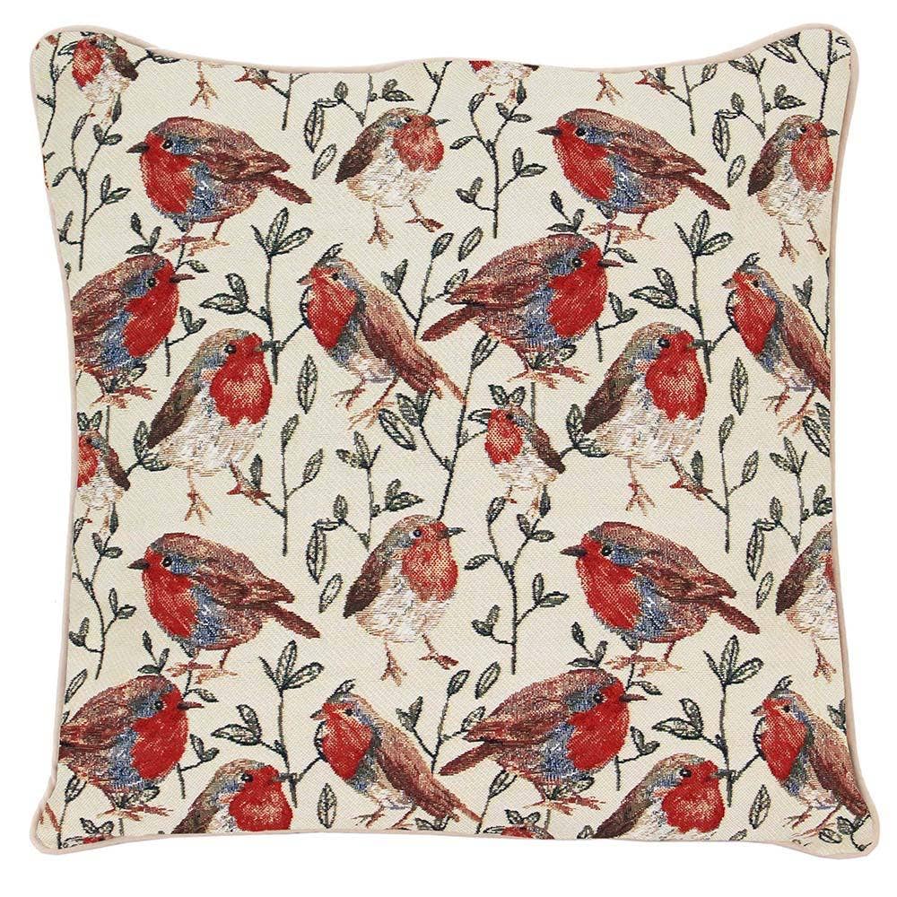 Decorative pillow with red robin bird pattern on a beige background