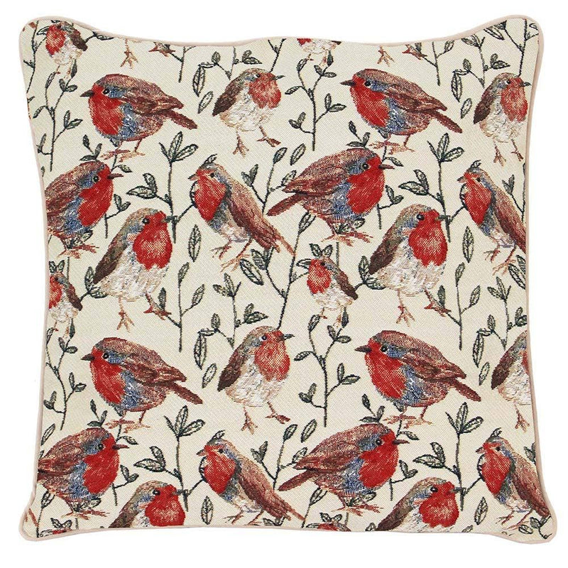 Decorative pillow with red robin bird pattern on a beige background