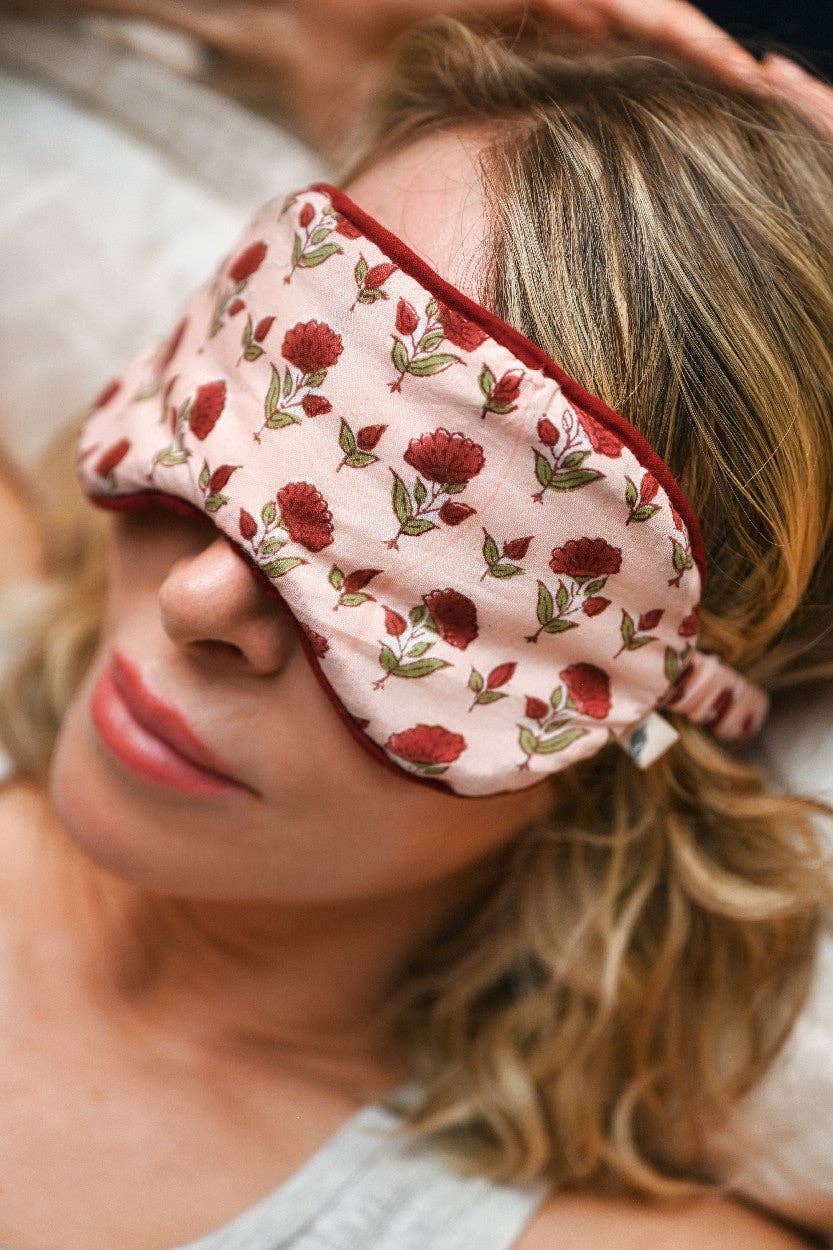 Block Printed Eye Mask & Scrunchie Set - Ditsy Floral Scarlet