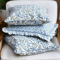 Block Printed Cushion Cover - Songbird Blue Stone