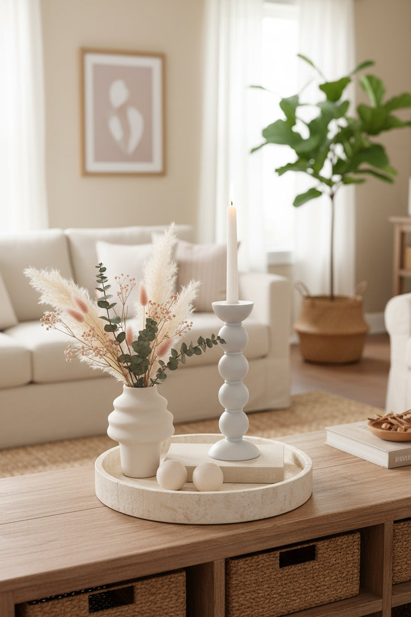 Tall White Bobbin Candlestick - 24cm