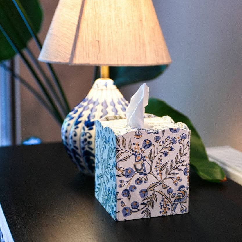 Block Printed Tissue Box - Songbird Blue Stone