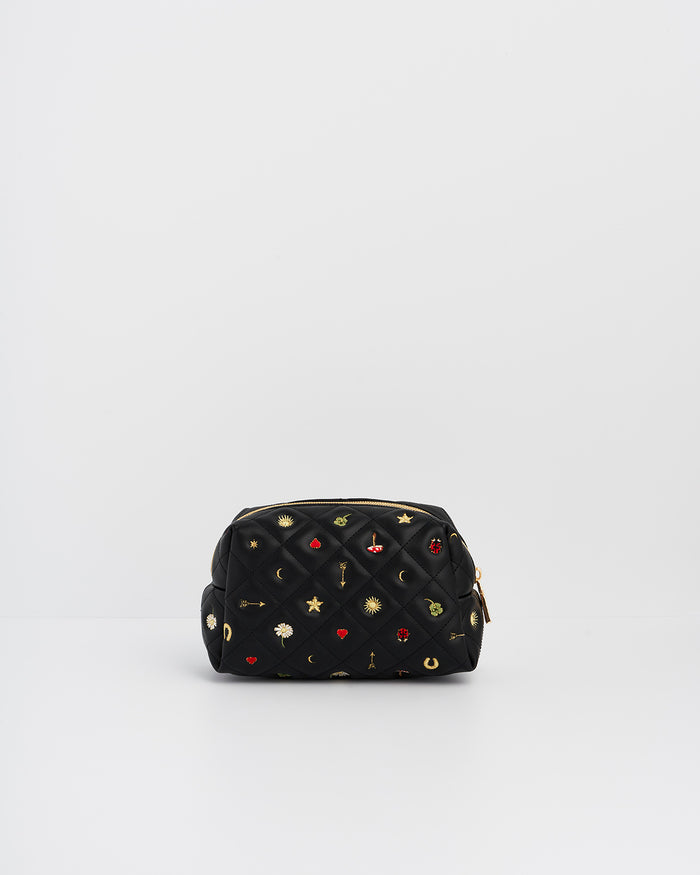 Black Quilted Floral Motif Embroidered Pouch