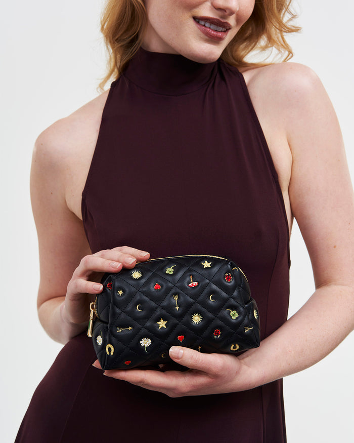 Black Quilted Floral Motif Embroidered Pouch