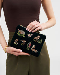 Meadow Scene Embroidered Pouch in Forest Green Velvet