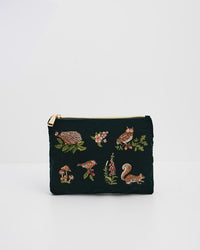Meadow Scene Embroidered Pouch in Forest Green Velvet