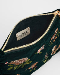 Meadow Scene Embroidered Pouch in Forest Green Velvet
