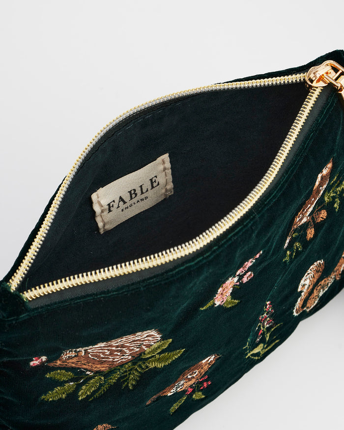 Meadow Scene Embroidered Pouch in Forest Green Velvet