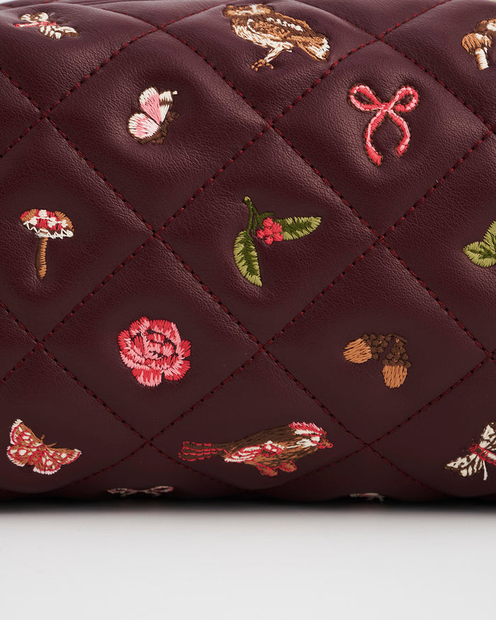 Embroidered Quilted Medium Pouch in Burgundy