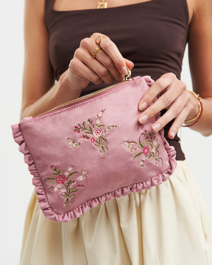 Floral Posy Embroidered Pouch in Rose Pink Velvet