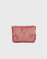 Floral Posy Embroidered Pouch in Rose Pink Velvet
