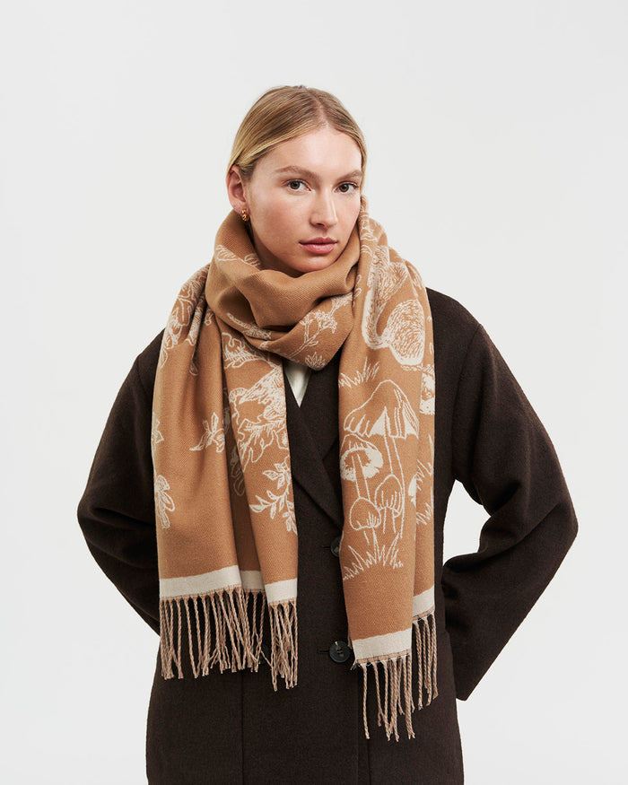 Woodland Scene, Check Long Jacquard Scarf in Tan