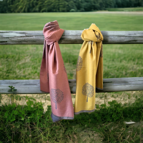 Pink and mustard tree design scarf