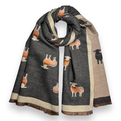 Sheep Print On Cashmere Blend Scarf Finished with Fringes