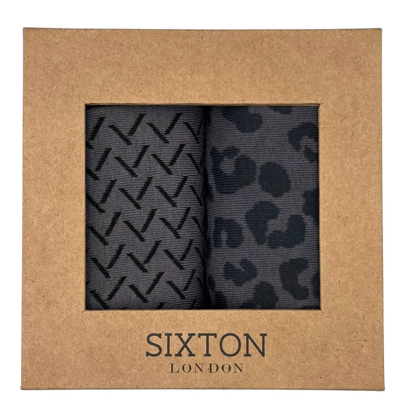 Ladies Sock Box Duo ~ Charcoal Kyoto & Charcoal Leopard