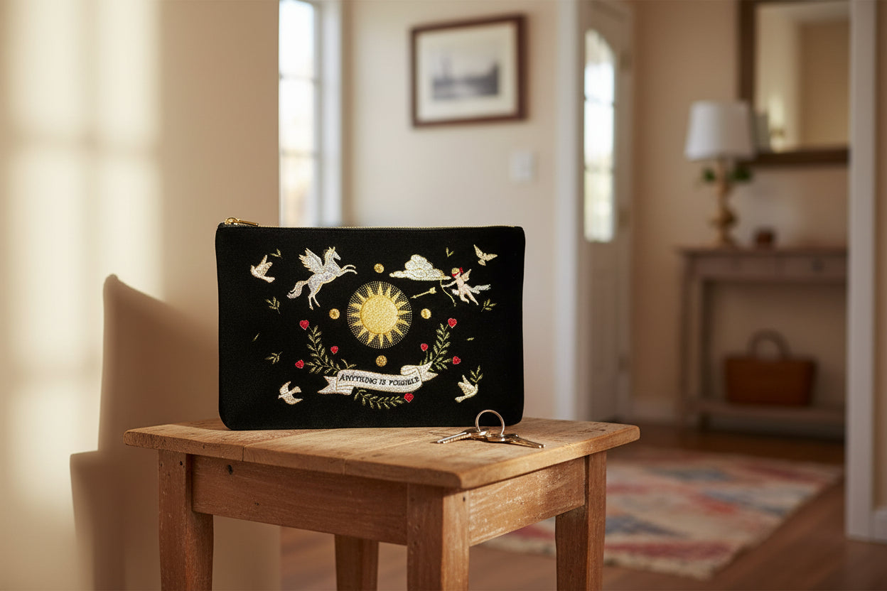 Black Celestial Velvet Embroidered Pouch
