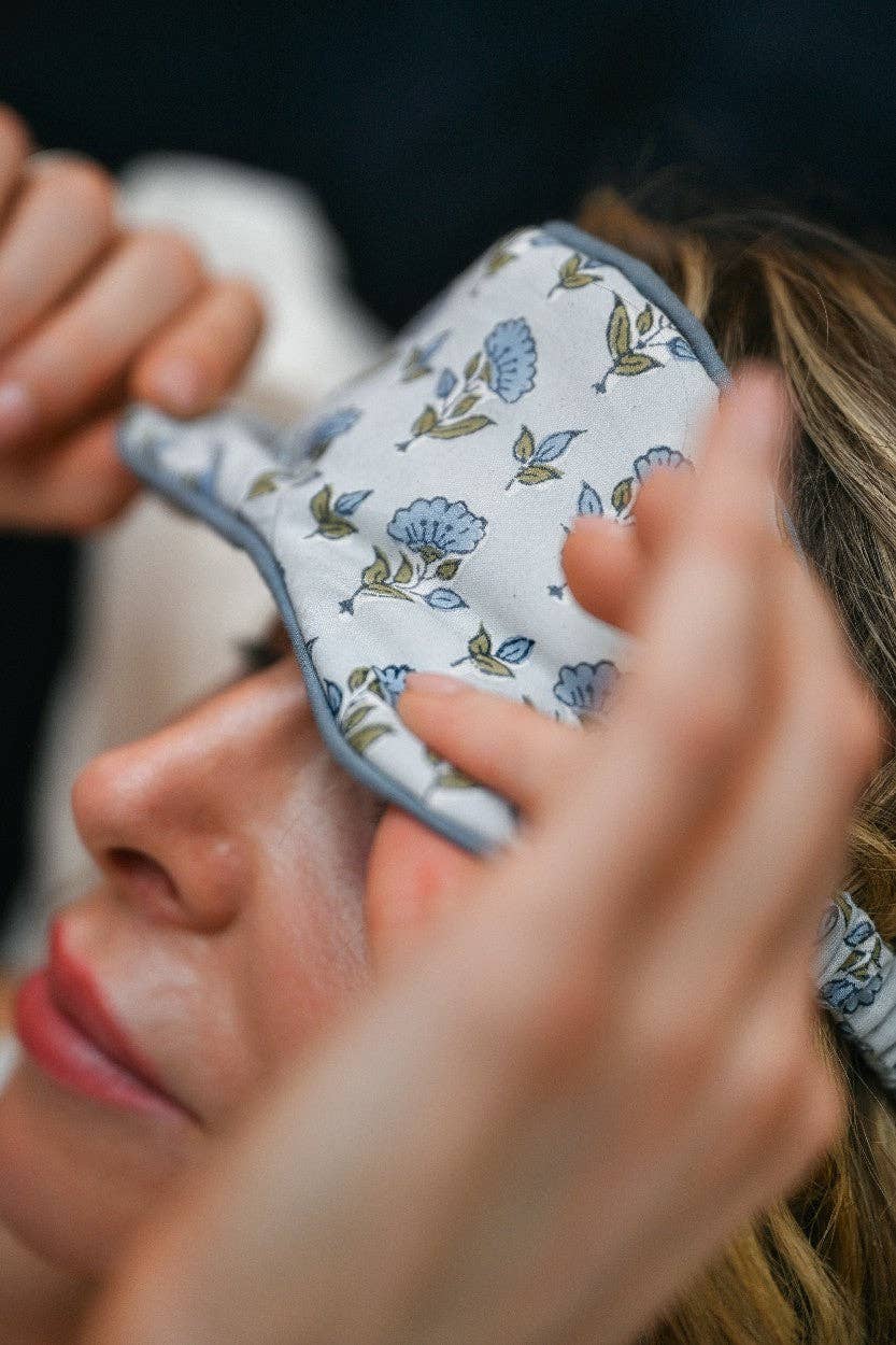 Block Printed Eye Mask & Scrunchie Set - Ditsy Floral Blue Stone