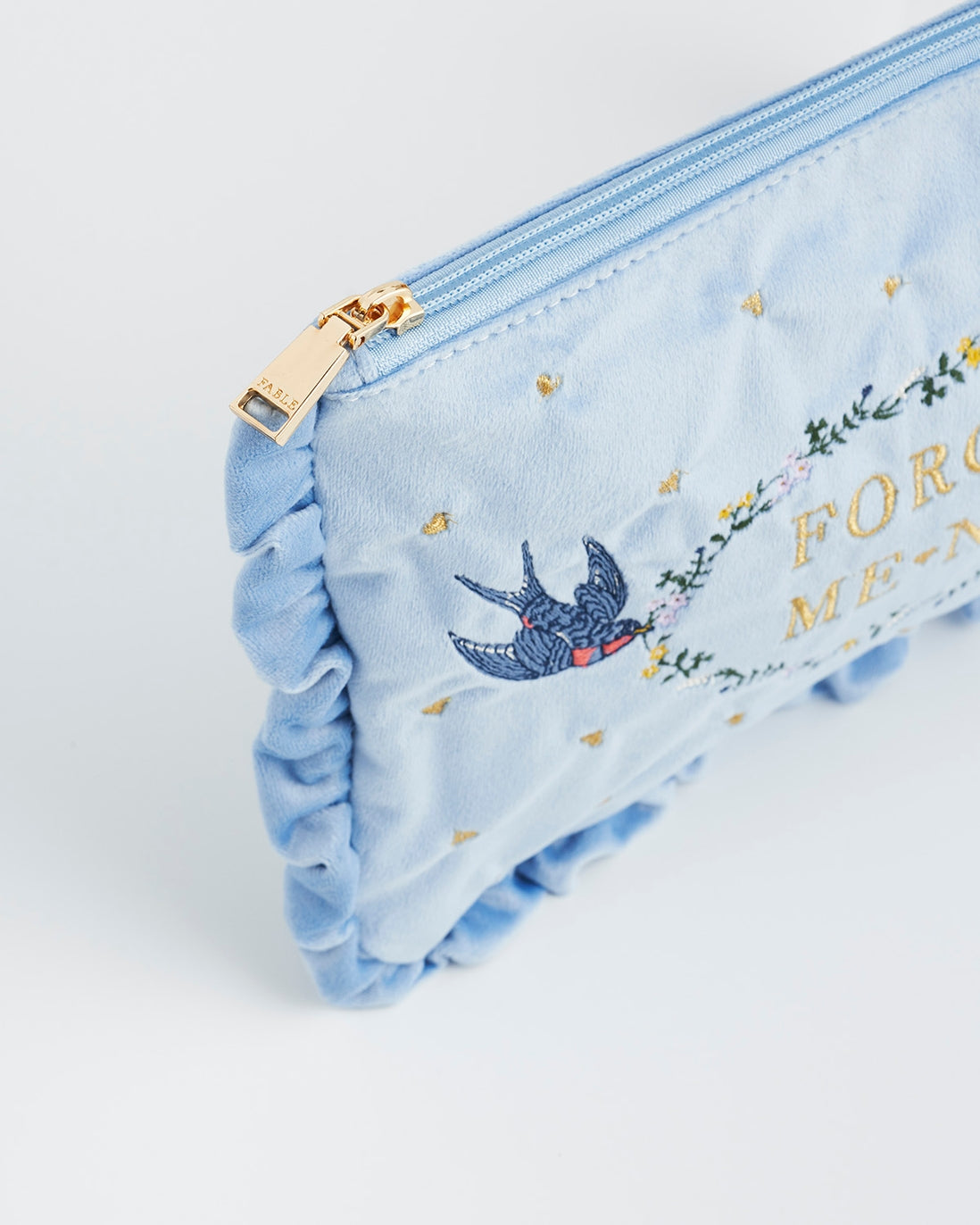 Fable England - Forget Me Not Blue Velvet Embroidered Pouch