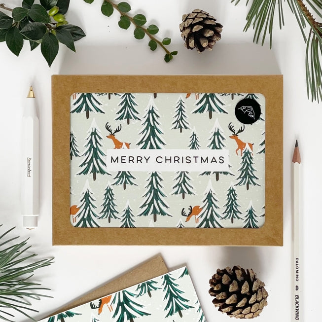 Reindeer and Christmas Trees Merry Christmas Cards - pack of 8