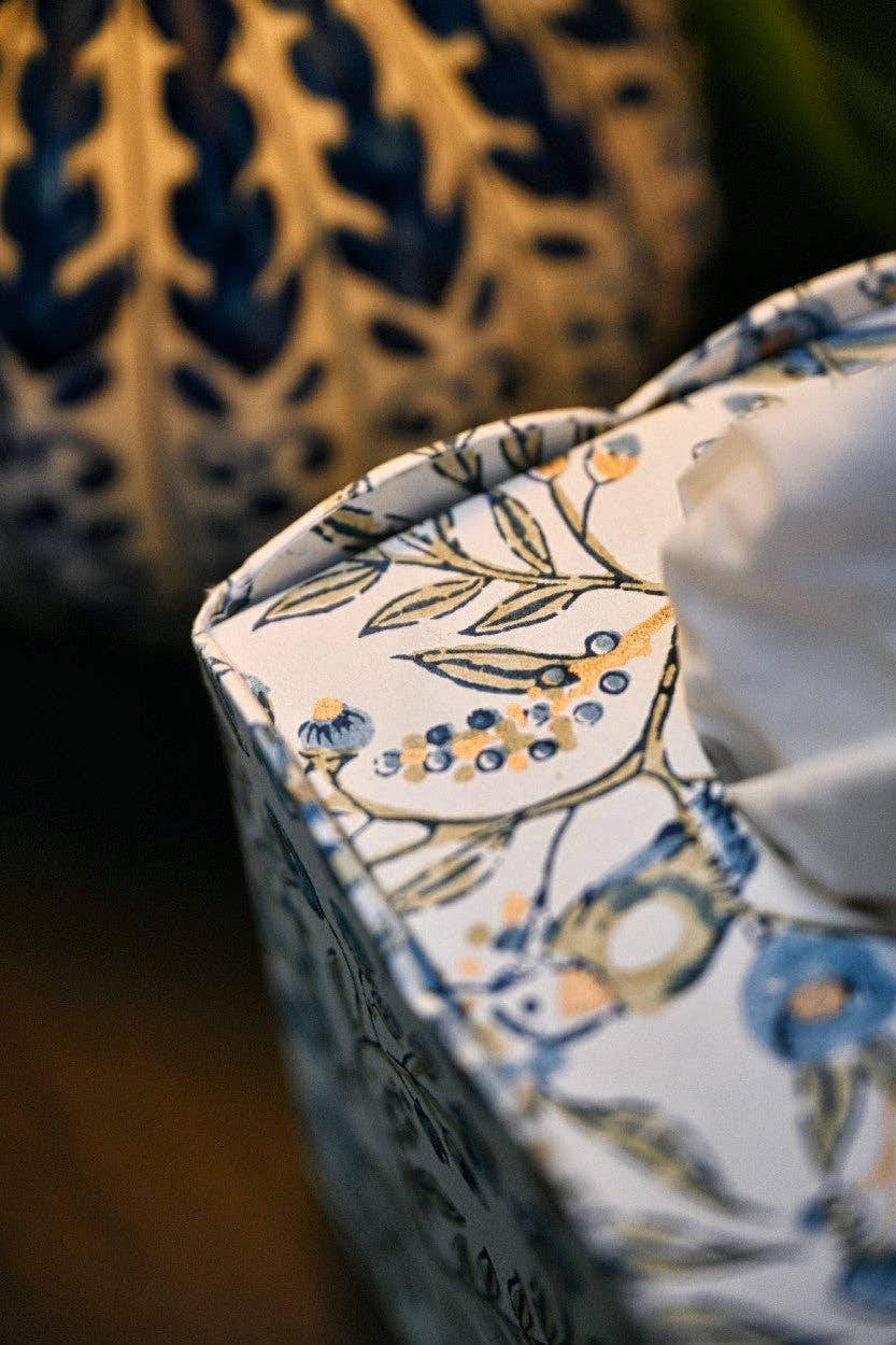 Block Printed Tissue Box - Songbird Blue Stone
